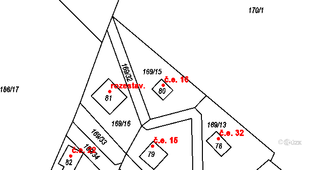 Pivonín 16, Zábřeh na parcele st. 80 v KÚ Pivonín, Katastrální mapa