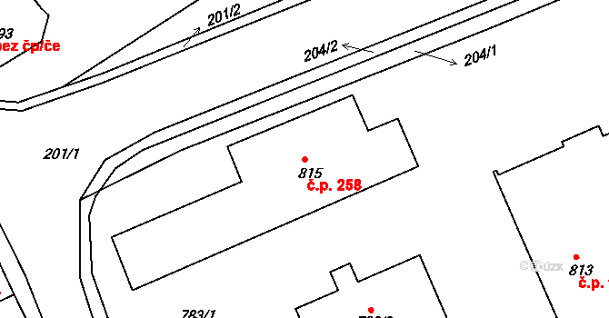 Odry 258 na parcele st. 815 v KÚ Odry, Katastrální mapa