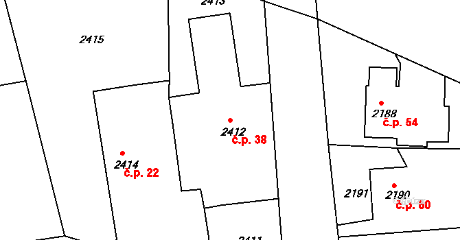 Vodná 38, Kamenice nad Lipou na parcele st. 2412 v KÚ Kamenice nad Lipou, Katastrální mapa