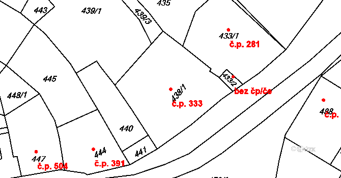 Klobouky u Brna 333 na parcele st. 438/1 v KÚ Klobouky u Brna, Katastrální mapa