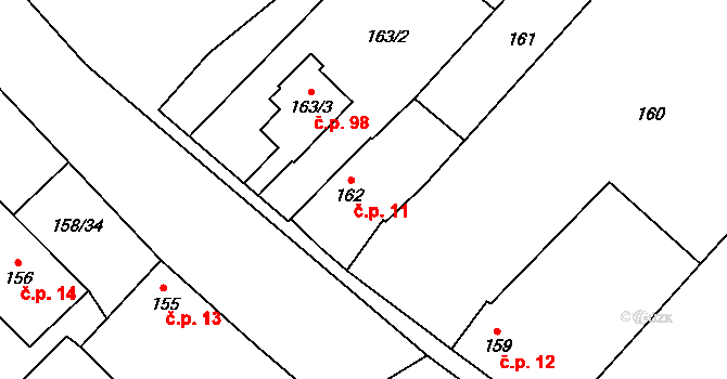 Valtrovice 11 na parcele st. 162 v KÚ Valtrovice, Katastrální mapa