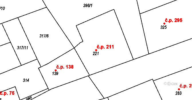 Veltruby 211 na parcele st. 221 v KÚ Veltruby, Katastrální mapa