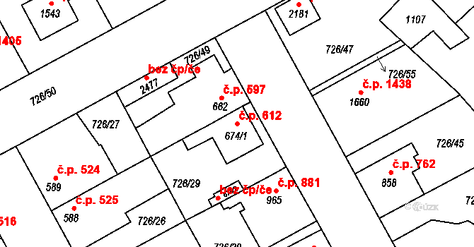 Brandýs nad Labem 612, Brandýs nad Labem-Stará Boleslav na parcele st. 674/1 v KÚ Brandýs nad Labem, Katastrální mapa