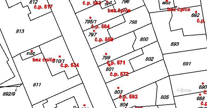 Kosmonosy 571 na parcele st. 799 v KÚ Kosmonosy, Katastrální mapa