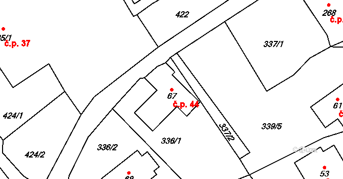 Děčín XXVII-Březiny 44, Děčín na parcele st. 67 v KÚ Březiny u Děčína, Katastrální mapa