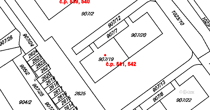 Obřany 541,542, Brno na parcele st. 907/19 v KÚ Obřany, Katastrální mapa