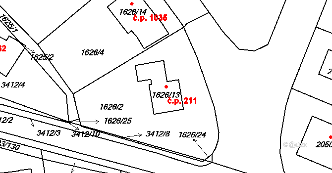 Pelhřimov 211 na parcele st. 1626/13 v KÚ Pelhřimov, Katastrální mapa