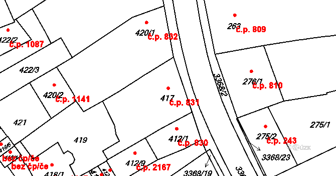Pelhřimov 831 na parcele st. 417 v KÚ Pelhřimov, Katastrální mapa