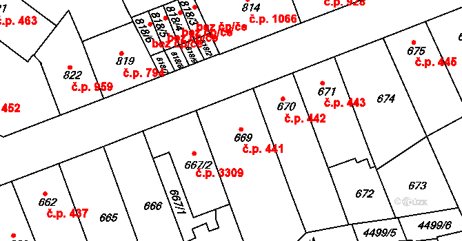 Teplice 441 na parcele st. 669 v KÚ Teplice, Katastrální mapa