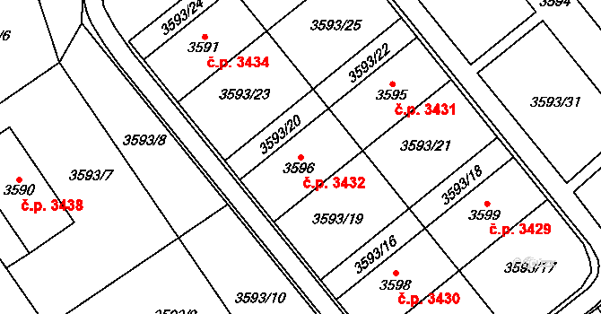 Chomutov 3432 na parcele st. 3596 v KÚ Chomutov I, Katastrální mapa
