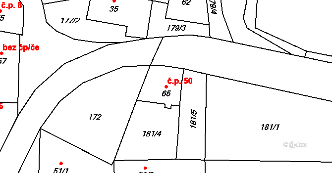 Ostré 50, Úštěk na parcele st. 65 v KÚ Ostré, Katastrální mapa