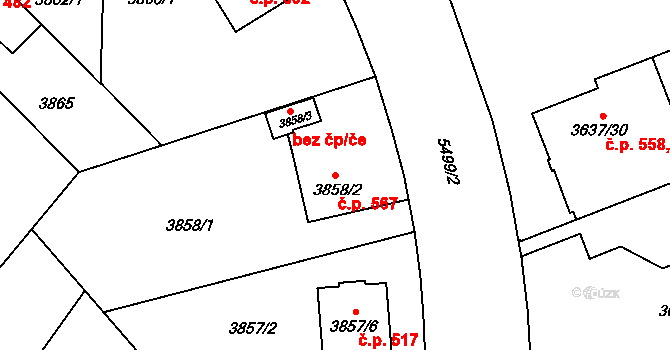 Božkov 567, Plzeň na parcele st. 3858/2 v KÚ Plzeň, Katastrální mapa