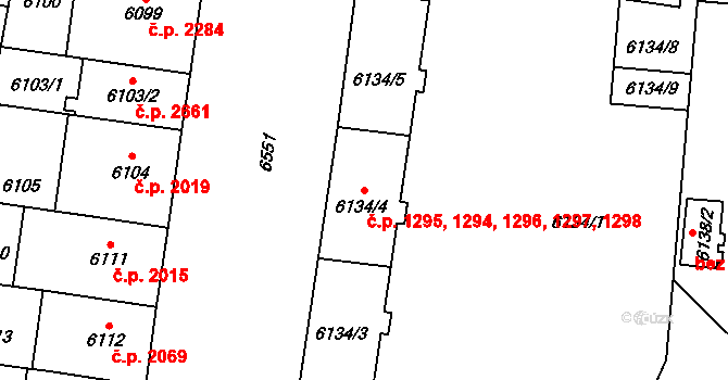 Jižní Předměstí 1294,1295,1296,1297,, Plzeň na parcele st. 6134/4 v KÚ Plzeň, Katastrální mapa