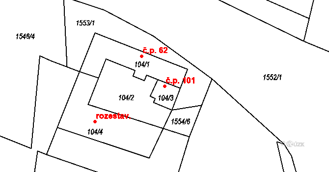 Hůrky 101, Lišov na parcele st. 104/3 v KÚ Hůrky u Lišova, Katastrální mapa