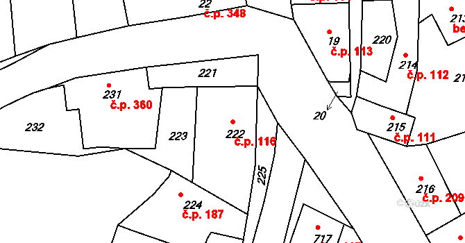 Týnec nad Labem 116 na parcele st. 222 v KÚ Týnec nad Labem, Katastrální mapa