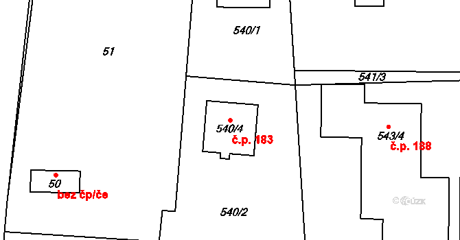 Alojzov 183 na parcele st. 540/4 v KÚ Alojzov u Prostějova, Katastrální mapa