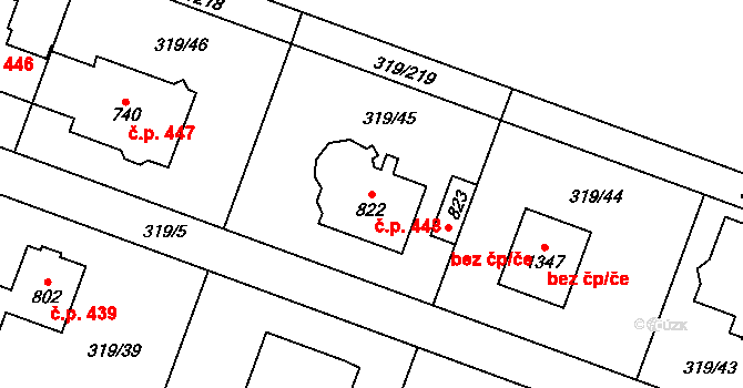 Přímětice 448, Znojmo na parcele st. 822 v KÚ Přímětice, Katastrální mapa