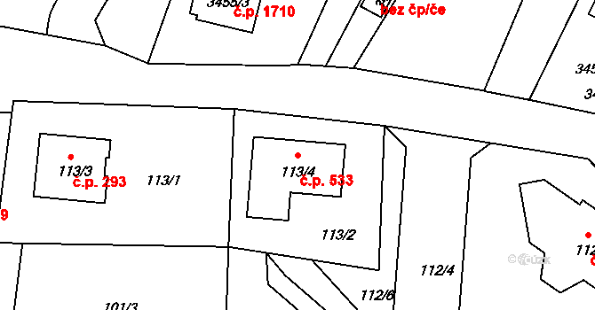 Stará Pohůrka 533, Srubec na parcele st. 113/4 v KÚ Srubec, Katastrální mapa