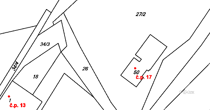 Podhůří 17, Kasejovice na parcele st. 50 v KÚ Podhůří u Nepomuka, Katastrální mapa
