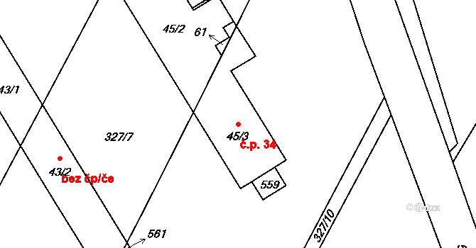 Pivkovice 34 na parcele st. 45/1 v KÚ Pivkovice, Katastrální mapa