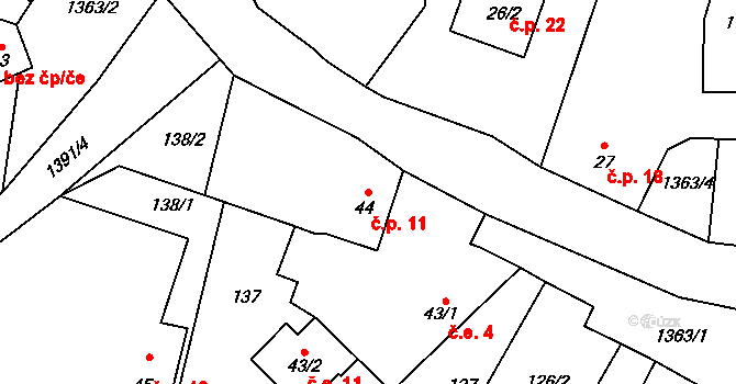 Všebořice 11, Loket na parcele st. 44 v KÚ Všebořice u Dolních Kralovic, Katastrální mapa