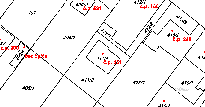 Kozmice 451 na parcele st. 411/4 v KÚ Kozmice, Katastrální mapa