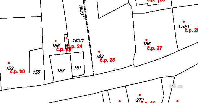 Těškovice 25 na parcele st. 163 v KÚ Těškovice, Katastrální mapa