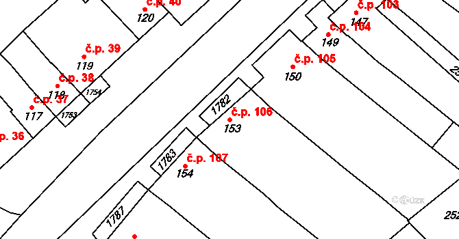 Hostěrádky-Rešov 106 na parcele st. 153 v KÚ Hostěrádky, Katastrální mapa