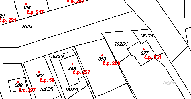 Nedachlebice 208 na parcele st. 363 v KÚ Nedachlebice, Katastrální mapa