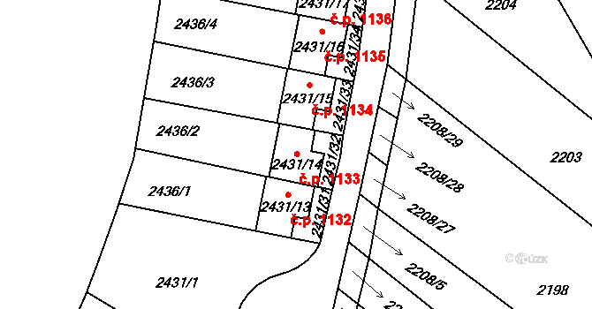 Velké Pavlovice 1133 na parcele st. 2431/14 v KÚ Velké Pavlovice, Katastrální mapa