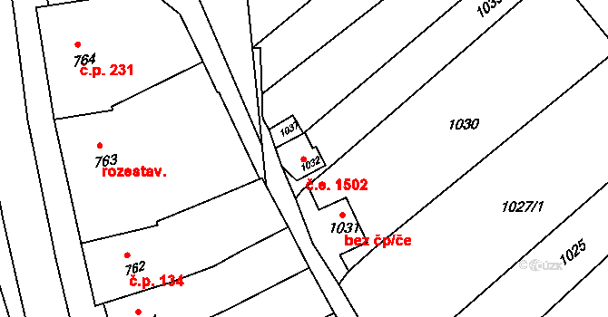 Bošovice 1502 na parcele st. 1032 v KÚ Bošovice, Katastrální mapa