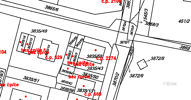 Předměstí 2274, Litoměřice na parcele st. 3835/58 v KÚ Litoměřice, Katastrální mapa