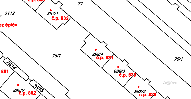 Neratovice 831 na parcele st. 888/4 v KÚ Neratovice, Katastrální mapa
