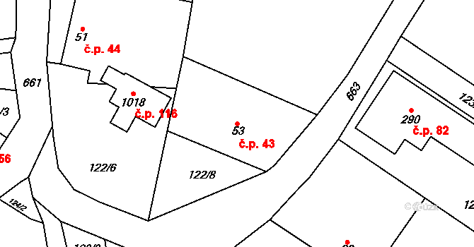 Dolní Jirčany 43, Psáry na parcele st. 53 v KÚ Dolní Jirčany, Katastrální mapa