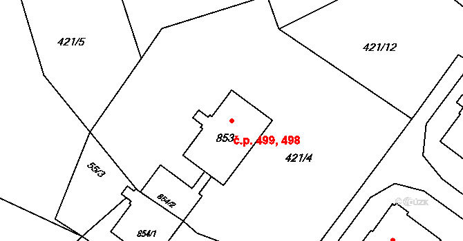 Plasy 498,499 na parcele st. 853 v KÚ Plasy, Katastrální mapa