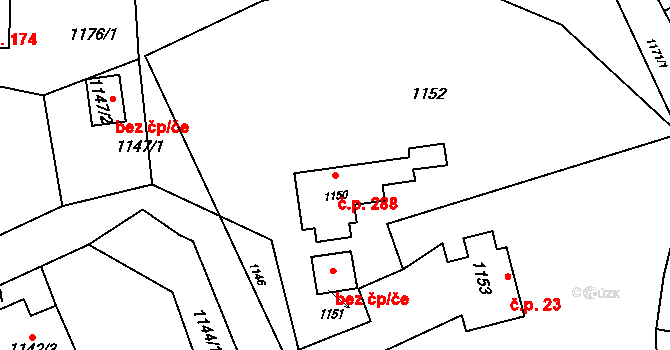 Kunín 288 na parcele st. 1150 v KÚ Kunín, Katastrální mapa