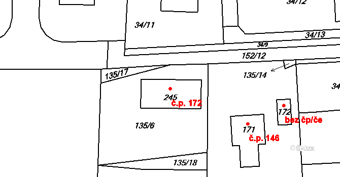 Kozomín 172 na parcele st. 245 v KÚ Kozomín, Katastrální mapa