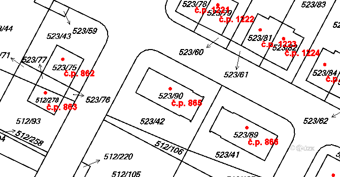 Srubec 865 na parcele st. 523/90 v KÚ Srubec, Katastrální mapa