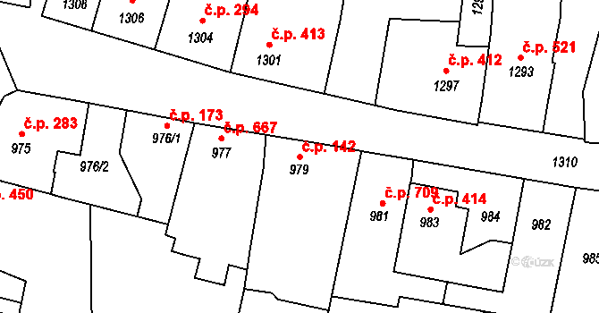 Koryčany 142 na parcele st. 979 v KÚ Koryčany, Katastrální mapa