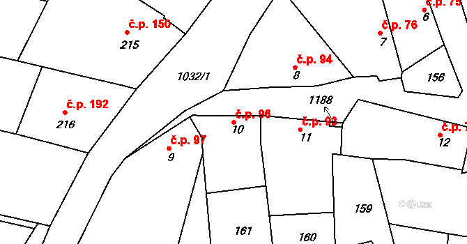 Roštění 96 na parcele st. 10 v KÚ Roštění, Katastrální mapa