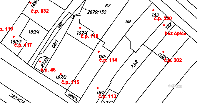 Bystřice pod Hostýnem 114 na parcele st. 185 v KÚ Bystřice pod Hostýnem, Katastrální mapa