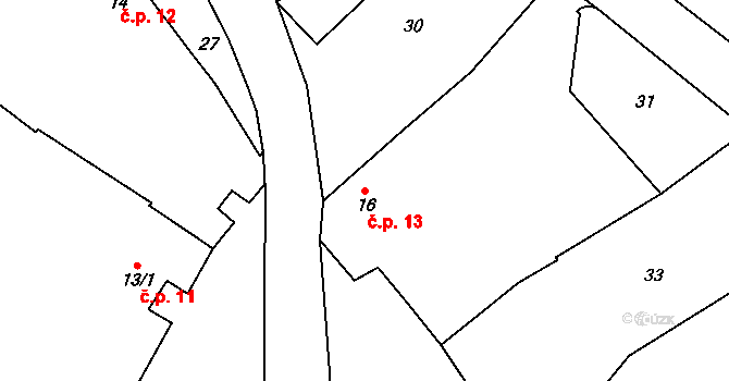 Jiřice u Moravských Budějovic 13 na parcele st. 16 v KÚ Jiřice u Moravských Budějovic, Katastrální mapa