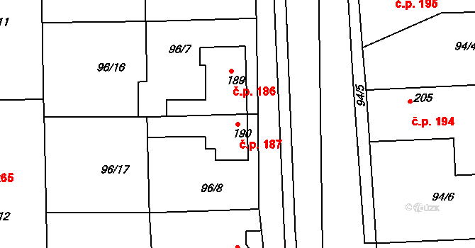 Hořátev 187 na parcele st. 190 v KÚ Hořátev, Katastrální mapa