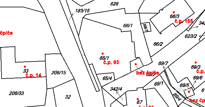 Jenišov 93 na parcele st. 65/1 v KÚ Jenišov, Katastrální mapa