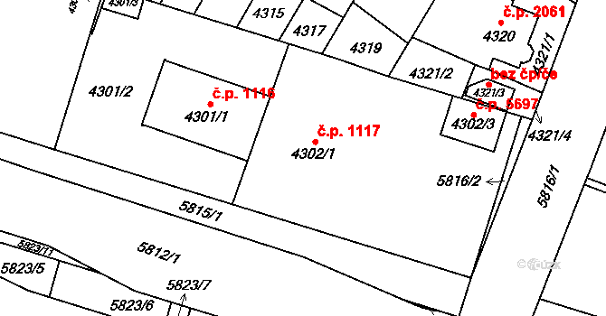 Jihlava 1117 na parcele st. 4302/1 v KÚ Jihlava, Katastrální mapa