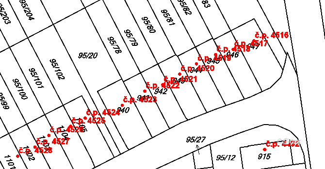 Jihlava 4521 na parcele st. 942 v KÚ Bedřichov u Jihlavy, Katastrální mapa