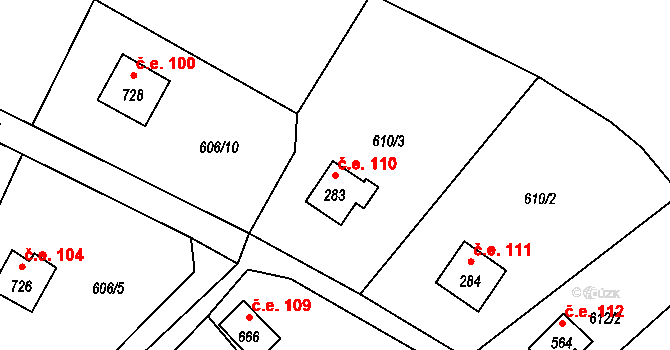 Vrané nad Vltavou 110 na parcele st. 283 v KÚ Vrané nad Vltavou, Katastrální mapa