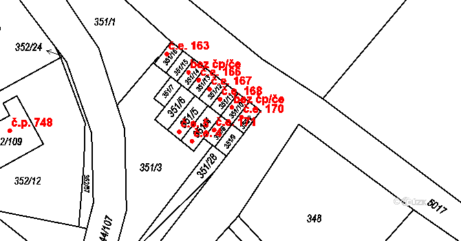 Hrušovany u Brna 169 na parcele st. 351/10 v KÚ Hrušovany u Brna, Katastrální mapa