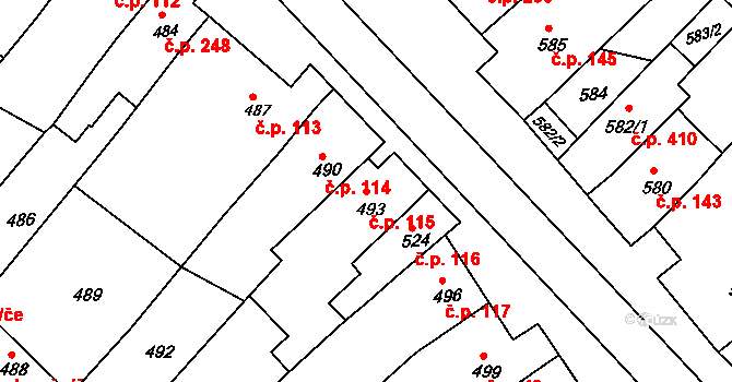 Šaratice 115 na parcele st. 493 v KÚ Šaratice, Katastrální mapa