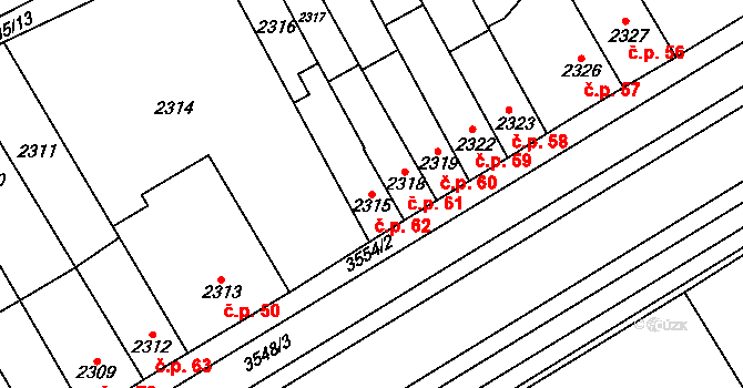 Nouzka 62, Vyškov na parcele st. 2315 v KÚ Vyškov, Katastrální mapa